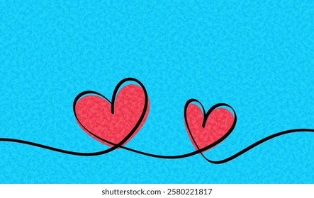 Two red hearts with black outlines connected by a flowing line on a vibrant textured blue background. Vector illustration.