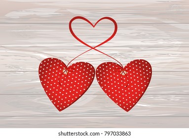 Two red hearts with bow and ribbon. Valentine's Day. Vector illustration. Greeting card with empty space for the text or advertising. On wooden background.