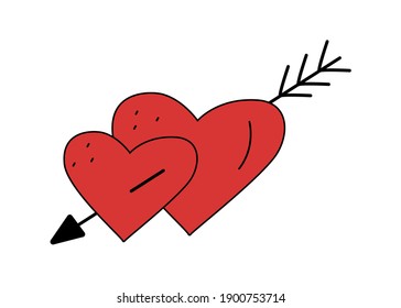 Two red hearts are connected by an arrow. Vector illustration. The concept of Valentine's Day.