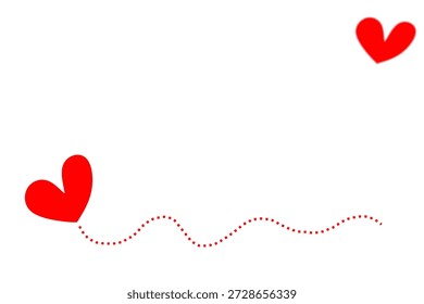 Dois corações vermelhos conectados por um caminho de linha tracejada. Enviando fundo conceito de amor com trilha do coração. Ilustração de conexão romântica minimalista