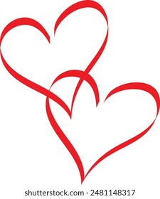Two red hearts connected intertwined and joined together. Hand drawn calligraphy strokes. Isolated transparent background for Valentine Day, wedding or other love purpose. EPS 10 vector illustration. 