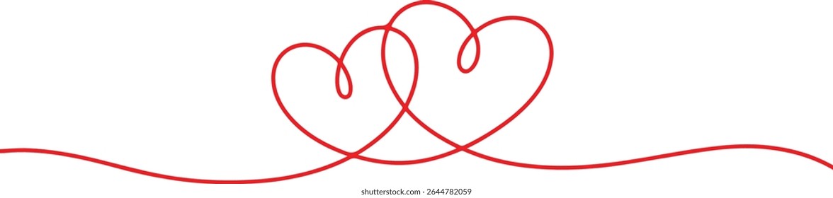 Two red hearts connected with a single continuous line isolated on white background