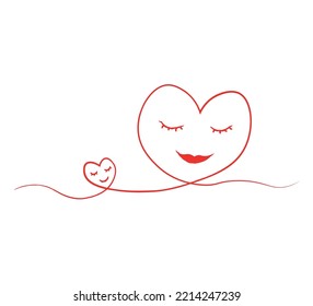 two red hearts in a continuous line on a white background, child and parent love, vector design for fashion and poster prints, wall art, sticker, mug, bag