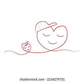 dos corazones rojos en una línea continua sobre un fondo blanco, amor infantil y padre, diseño vectorial para impresiones de moda y afiches, arte mural, pegatina, taza, bolso