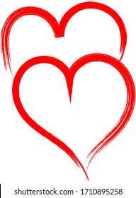 Two red hearts - contour drawing for emblem or logo. Template for a greeting card for Valentine's day, romantic sign of lovers.