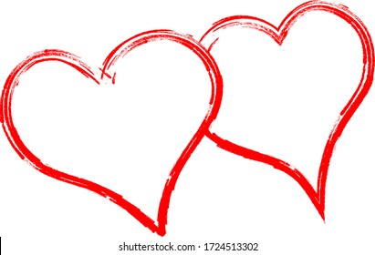 Two red hearts - contour drawing for emblem or logo. Template for a greeting card for Valentine's day, romantic sign of lovers.