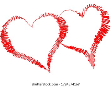 Dos corazones rojos - dibujo de contorno para emblema o logotipo. Plantilla para una tarjeta de saludo para el día de San Valentín, señal romántica de los amantes.