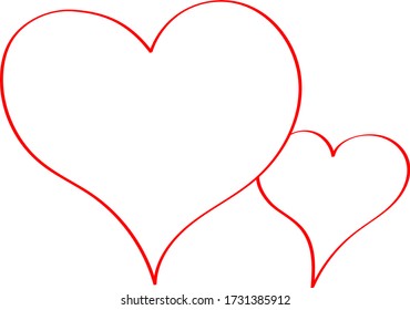 Two red hearts - contour drawing for emblem or logo. Template for a greeting card for Valentine's day, romantic sign of lovers.