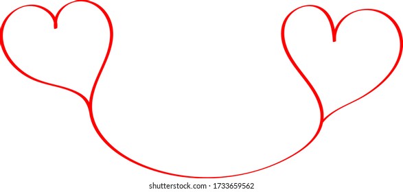 Two red hearts - contour drawing for emblem or logo. Template for a greeting card for Valentine's day, romantic sign of lovers.