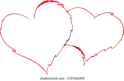 Two red hearts - contour drawing for emblem or logo. Template for a greeting card for Valentine's day, romantic sign of lovers.