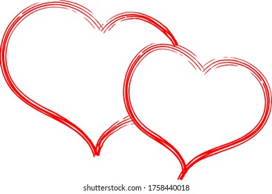 Two red hearts - contour drawing for emblem or logo. Template for a greeting card for Valentine's day, romantic sign of lovers.