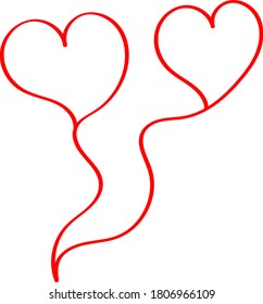 Two red hearts - contour drawing for emblem or logo. Template for a greeting card for Valentine's day, romantic sign of lovers.