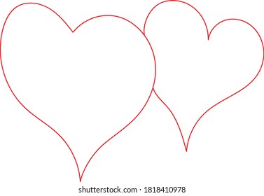 Two red hearts - contour drawing for emblem or logo. Template for a greeting card for Valentine's day, romantic sign of lovers.