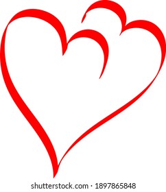 Two red hearts - contour drawing for emblem or logo. Template for a greeting card for Valentine's day, romantic sign of lovers.