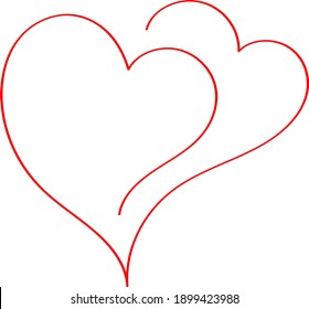 Two red hearts - contour drawing for emblem or logo. Template for a greeting card for Valentine's day, romantic sign of lovers.