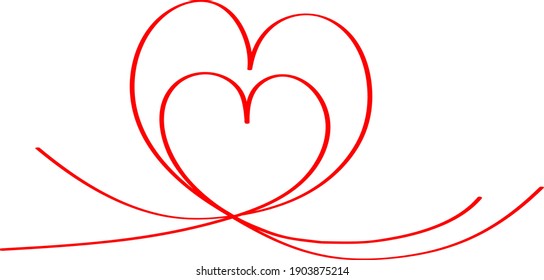 Two red hearts - contour drawing for emblem or logo. Template for a greeting card for Valentine's day, romantic sign of lovers.