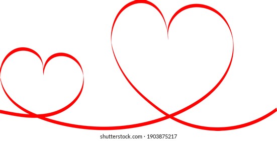 Two red hearts - contour drawing for emblem or logo. Template for a greeting card for Valentine's day, romantic sign of lovers.
