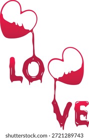 Two red hearts dripping liquid forming the word love on white background vector