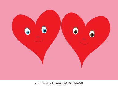 two red hearts with eyes and emotions large on a pink background,