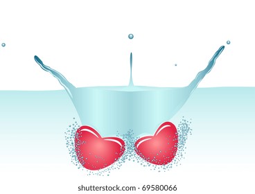 Two red hearts falling in to the water