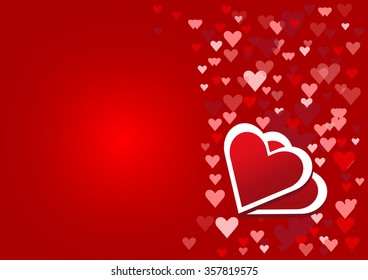 Two red hearts with the frame of the white hearts  are slant in the right side of the vector. Many small  hearts are in the right edge of the vector. All is on a red background with light.