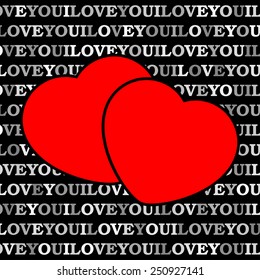 Two red hearts in front of a black background with text