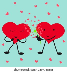 Two red hearts giving a flower to a loved one. Valentine's Day greeting card vector design.