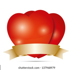 Two red hearts with gold ribbon on white background