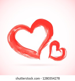 Two red hearts hand painted with brush. Grunge textured shape of heart. Watercolor or acrylic painting effect. Valentine’s day greeting card. Easy to edit vector element of design for your artworks.