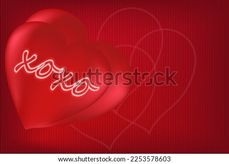 Two red hearts with the inscription XOXO on a red textured background with copy space. Concept for valentine's day, birthday, mother's day, women's day. Universal holiday background. Vector image