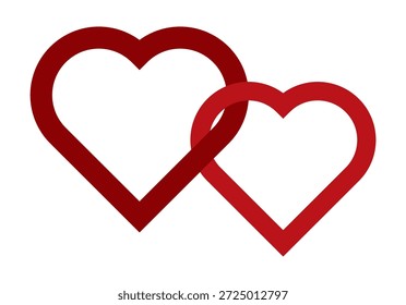 Zwei rote Herzen verflochten auf weißem Hintergrund. Einfaches romantisches Symbol für den Valentinstag, Hochzeitseinladung oder Liebesgrußkarte. Vektorgrafik