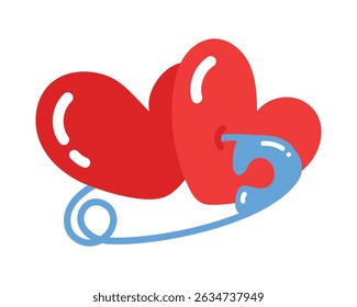 Two red hearts linked by a blue pin. This vibrant, flat design symbolizes connection, union, or support. Ideal for love, relationships, or togetherness themed projects.