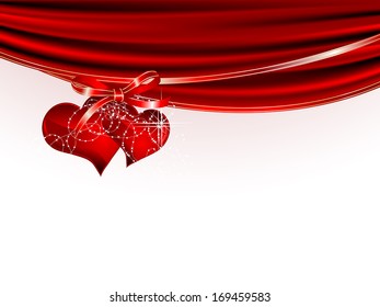 Two red hearts with luxury bow and curtain