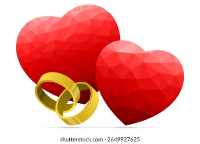 Two red hearts made of polygons with wedding rings on a transparent background