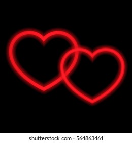 Two red hearts with neon lights. 
