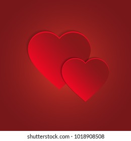 Two red Hearts on a red background. Valentines Day Background. Vector illustration.
