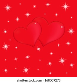 Two red hearts on a red background with stars, vector Valentines greeting card
