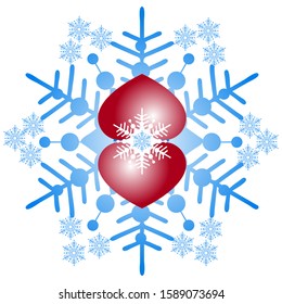 Two red hearts  on blue snowflakes background. Vector. Element for  create romantic design children's things, wrapping paper, wallpaper, greeting cards and invitations of the wedding, Valentines Day