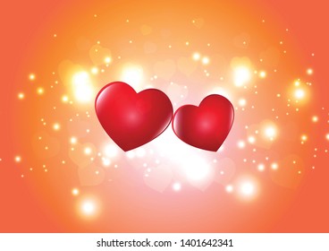 Two red hearts on blurred glittering orange bokeh background vector illustration 