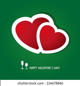 Two red hearts on dark green background. Valentine`s card.