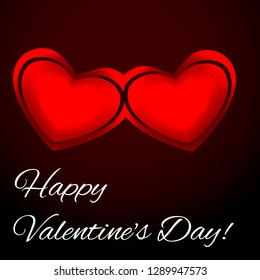 Two red hearts on a dark background. Valentine's day card