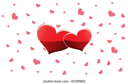 Two red hearts on the dark red ribbon.