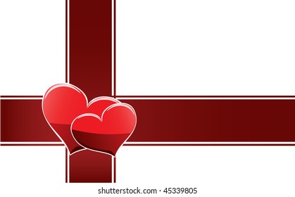 Two red hearts on the dark red ribbon.