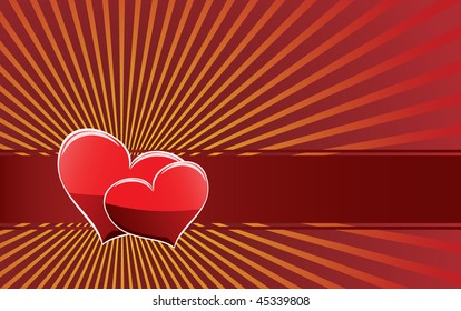 Two red hearts on the dark red ribbon.