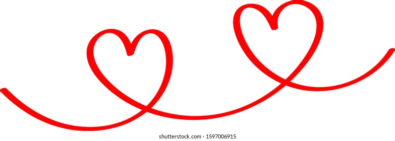 Two red hearts on one line - outline drawing for an emblem or logo. Template for greeting card for Valentine's Day.