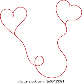 Two red hearts on one line - outline drawing for an emblem or logo. Template for greeting card for Valentine's Day.