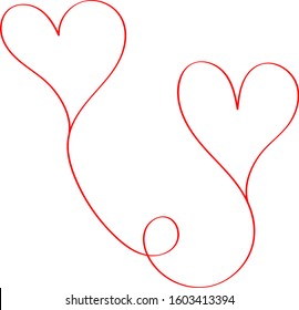 Two red hearts on one line - outline drawing for an emblem or logo. Template for greeting card for Valentine's Day.