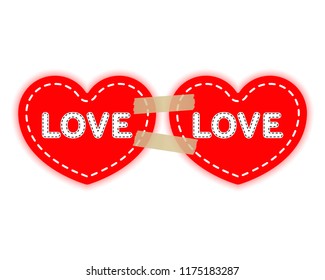 Two red hearts on a paper adhesive Velcro tapes. Love concept, Valentine's day. Vector design elements isolated on light background.