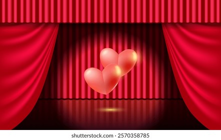 Two red hearts on the stage. Red theater curtain and two red hearts. Festive design fo Valentine's Day or Mother's Day 
