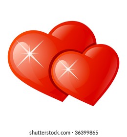 Two red hearts on white background. vector.